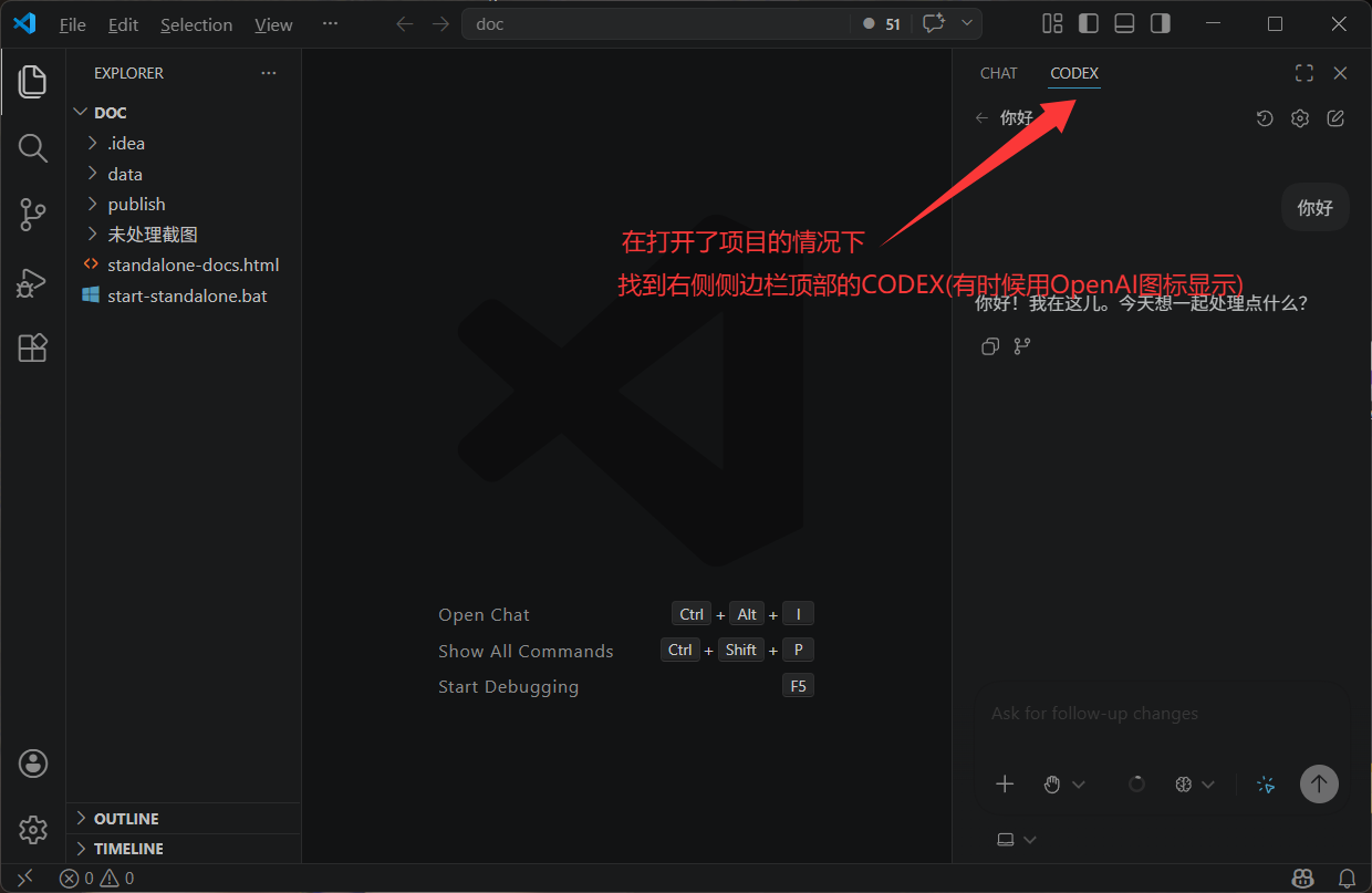VSCode 右侧侧边栏打开 Codex 插件截图